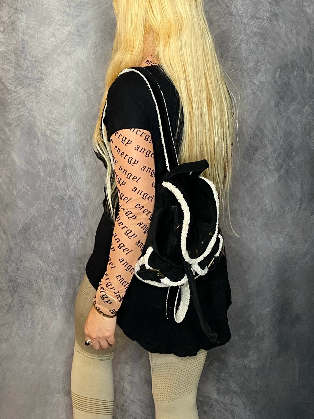 VTG Y2K Black Velvet + Faux Sherpa Studded 90s Goth Whimsygoth Mini Backpack